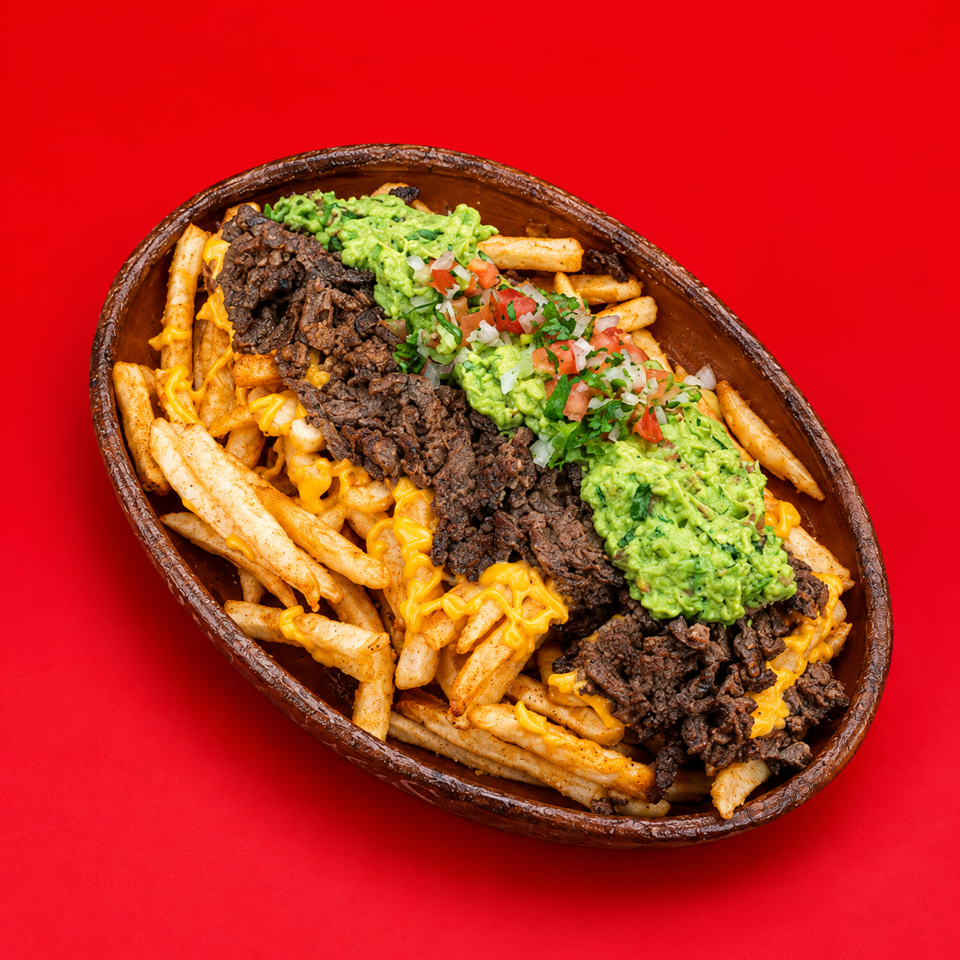 Loaded bowl of seasoned fries topped with melted cheese, shredded beef, guacamole, and pico de gallo on a red background.