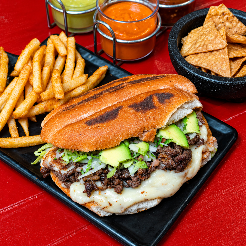 Grilled steak sandwich with melted cheese, avocado, onions, fries, tortilla chips, and dipping sauces on a black plate.
