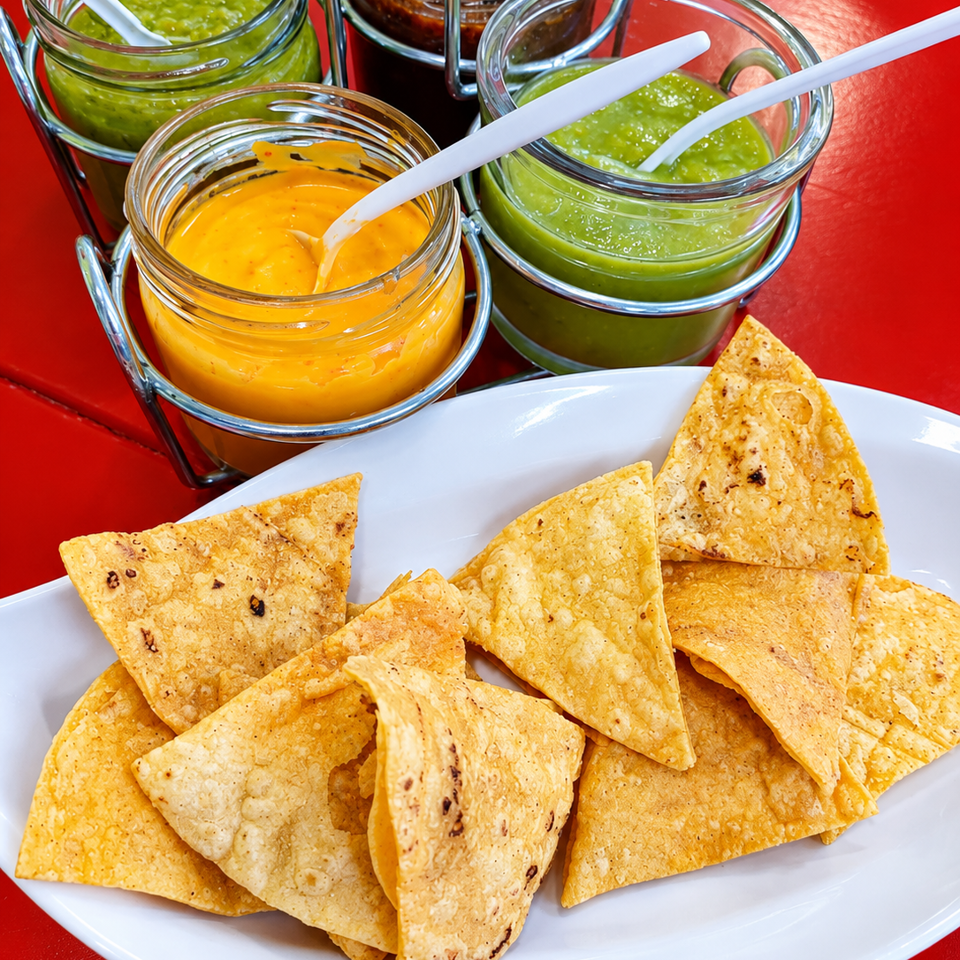 Crispy tortilla chips on a white plate with four jars of green, orange, and brown dipping sauces on a red table.