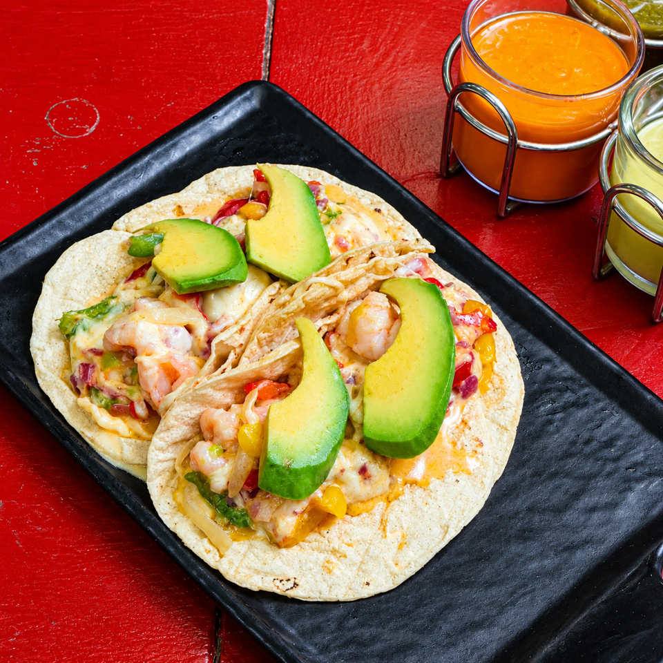 Two shrimp tacos topped with avocado, peppers, and creamy sauce on a black plate beside colorful salsa bowls.