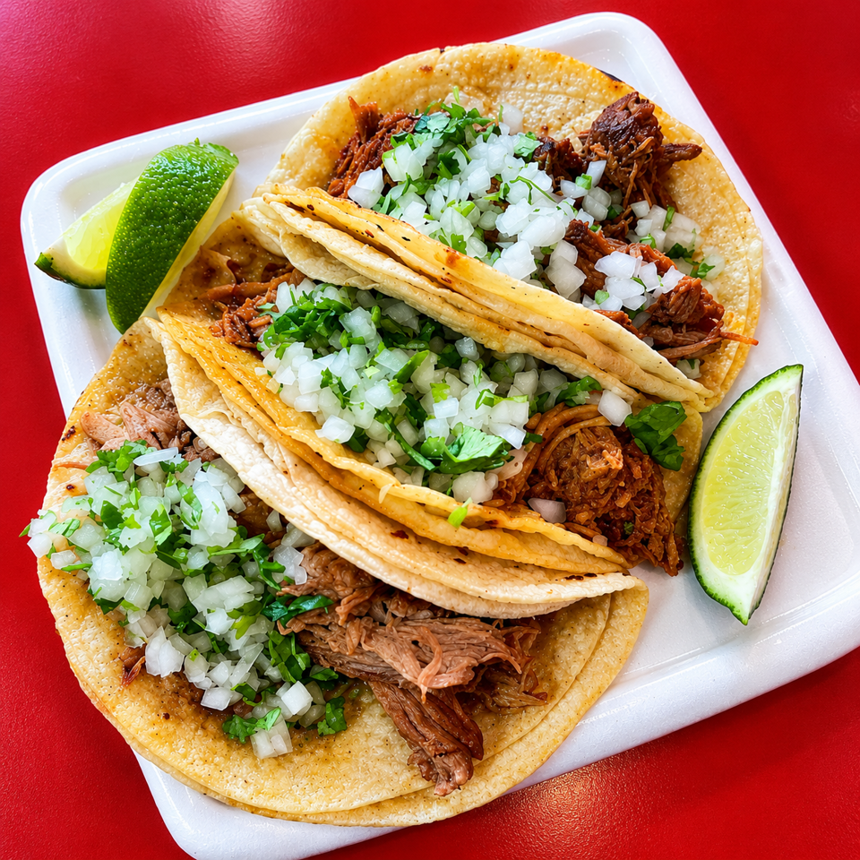 Three birria tacos topped with diced onions and cilantro on a white plate, served with lime wedges against a red background.
