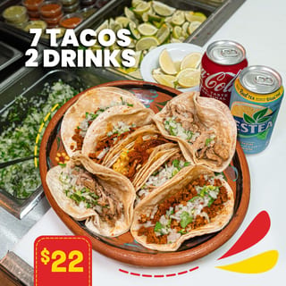 7 Tacos de Puerco + 2 Refrescos | 7 Pork Tacos + 2 Soft Drinks