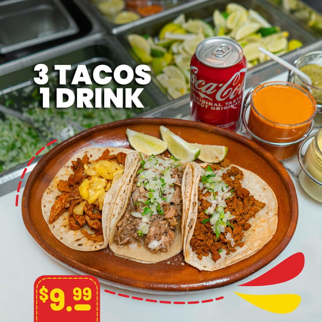 3 Tacos de Puerco + 1 Refresco | 3 Pork Tacos + 1 Soft Drink.