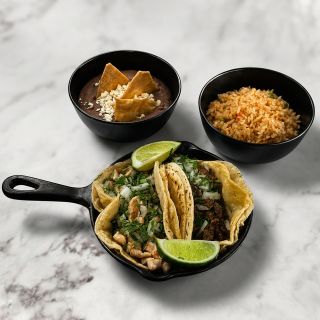 2 Tacos + Arroz y Frijoles | 2 Tacos + Rice and Beans.