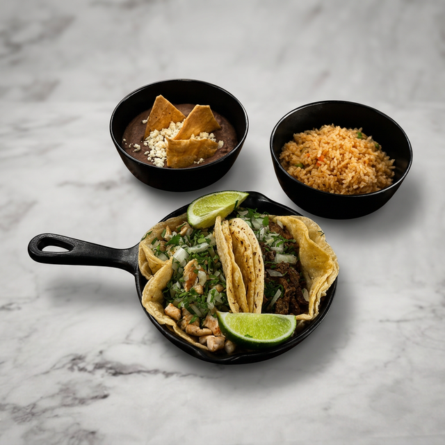 2 Pork Tacos + Rice & Beans | 2 Tacos de Cerdo + Arroz y Frijoles.
