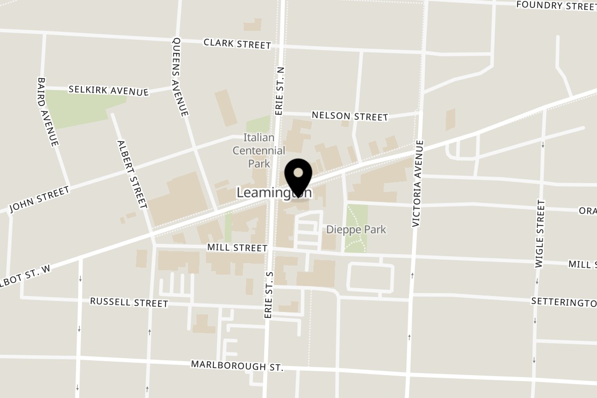 Map showing the location of Hot Tacos Restaurant Leamington on 16 Talbot Street East in Leamington