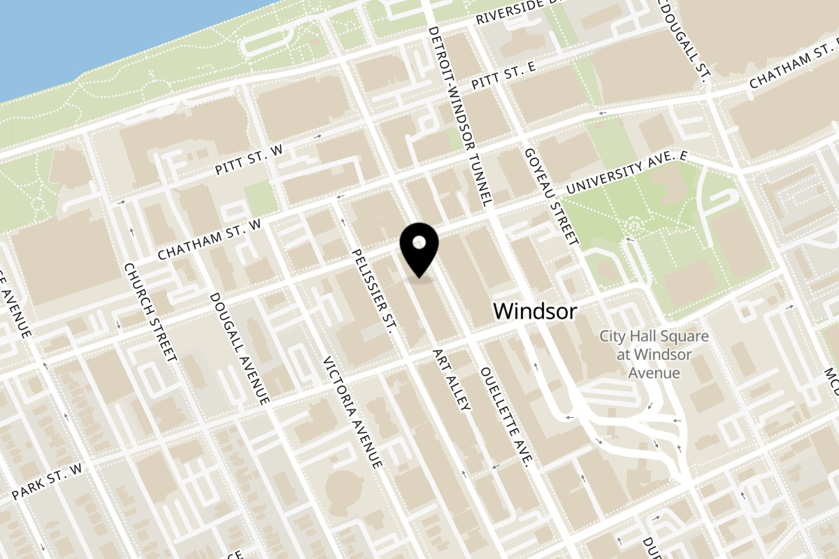 Map showing the location of Hot Tacos Restaurant Windsor on 325 Ouellette Avenue in Windsor